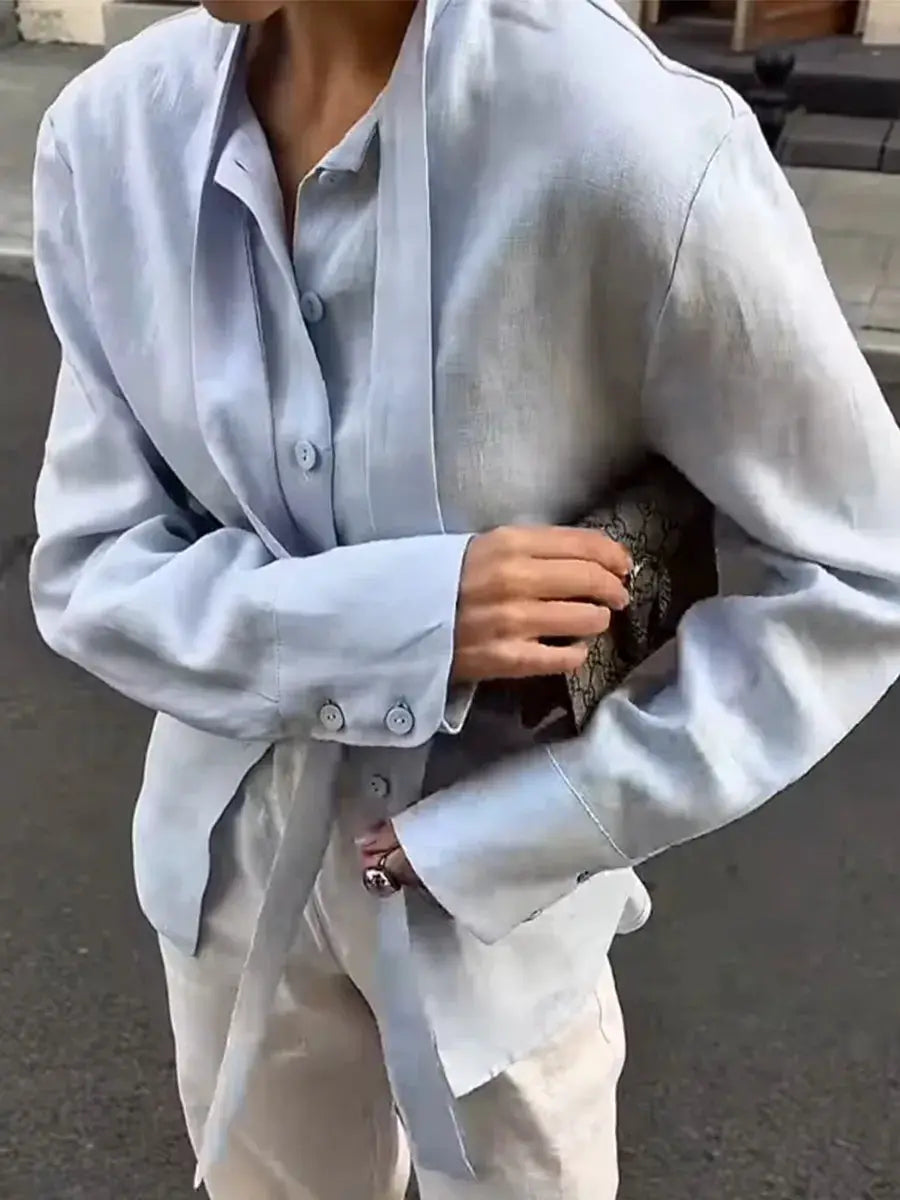Wolfeel 100% cotton belted shirt cardigan for women in light blue
