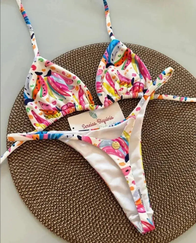 2-piece bikini set with halter top and thong bottom in multicolor tropical print