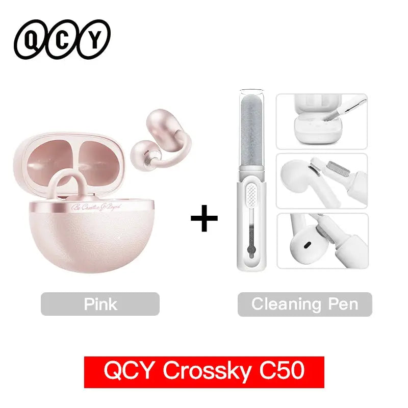 QCY Crossky C50 open-ear wireless earbuds in pink with charging case and cleaning pen (2-piece set)