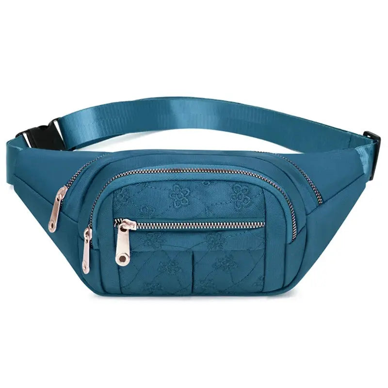 Simples Market blue waist bag, Oxford cloth waterproof with multiple zip pockets and adjustable strap.
