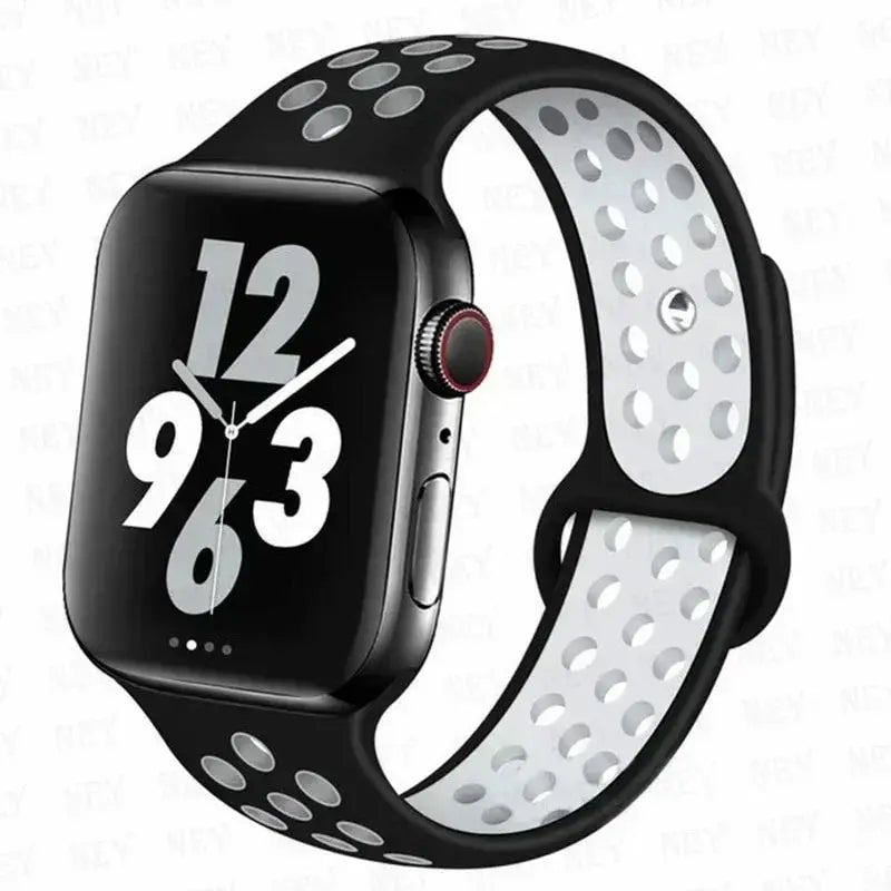 Simples Market silicone sport strap for Apple Watch with black outer and white perforated inner layer, 38-45mm.