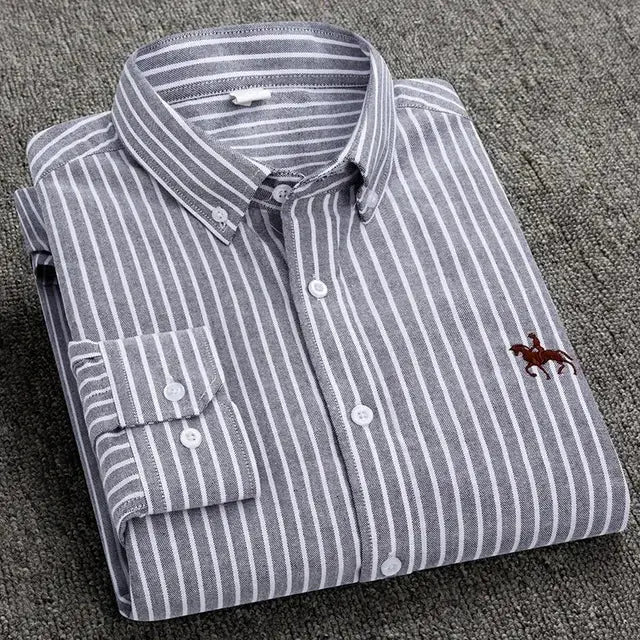 Casual cotton oxford men's shirt, white with gray stripes, long sleeves, left chest brown horse embroidery.