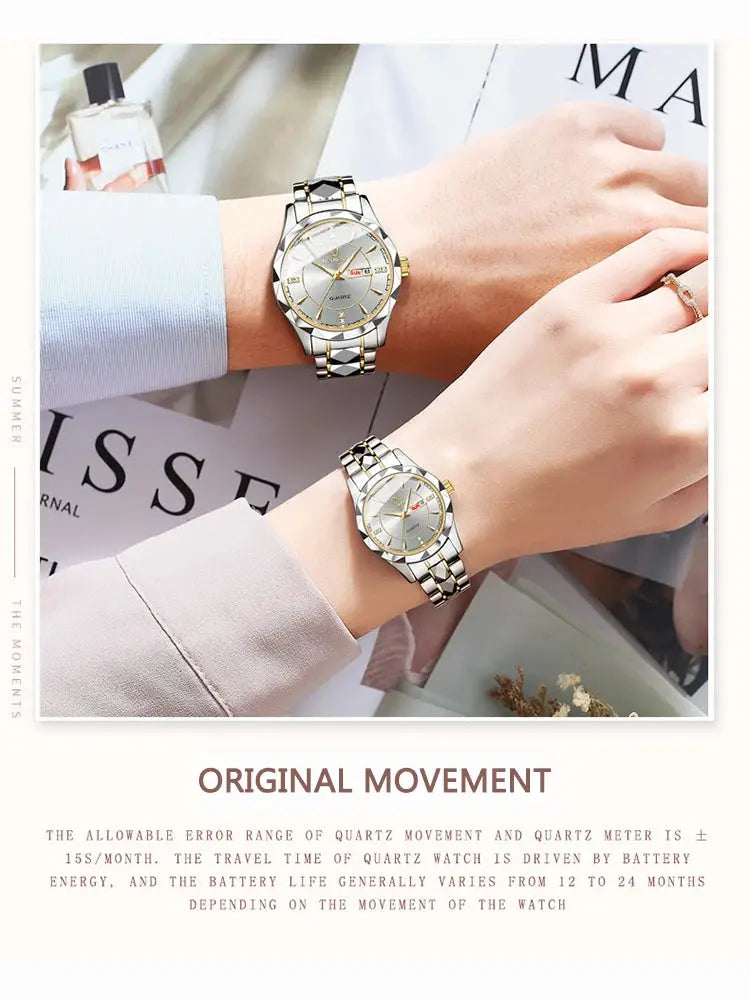 BINBONG women's quartz watches, two-tone silver–gold stainless steel, waterproof with luminous date, set of 2