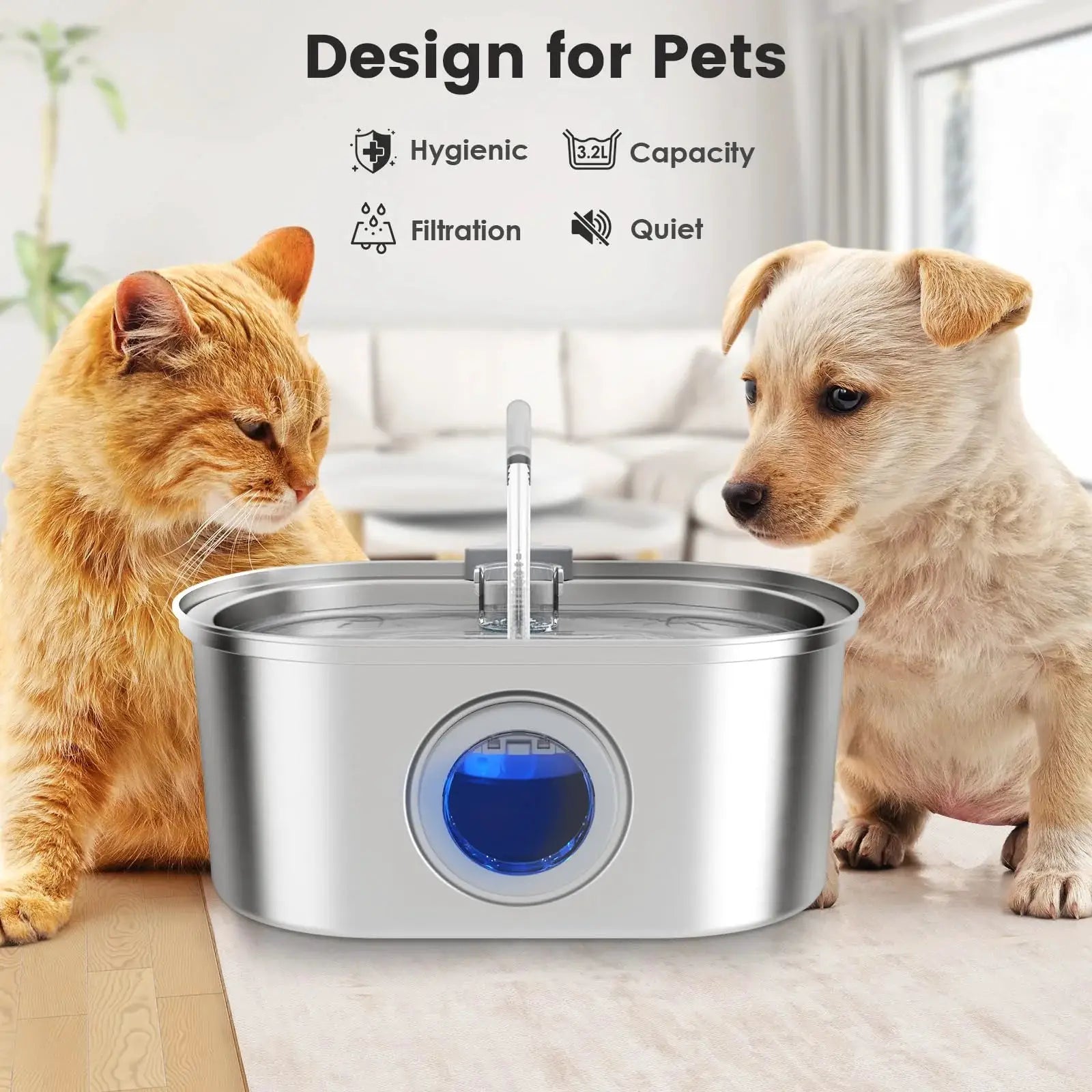 3.2L Stainless Steel Cat Water Dispenser With Clear Water Level Window