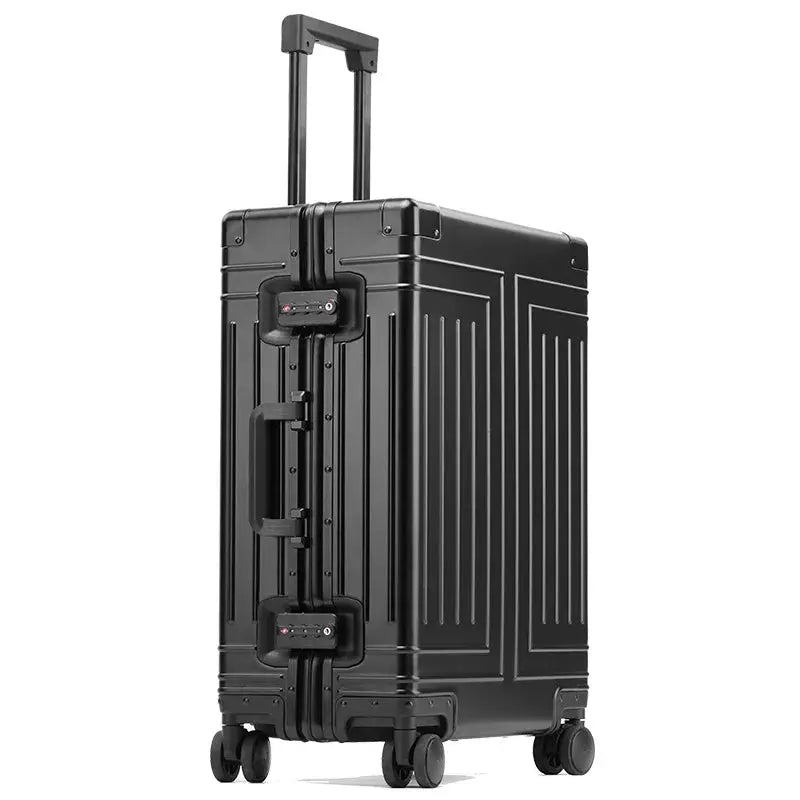 Simples Market black aluminum-magnesium travel suitcase, 20/24/28 inch, rolling luggage with built-in lock.