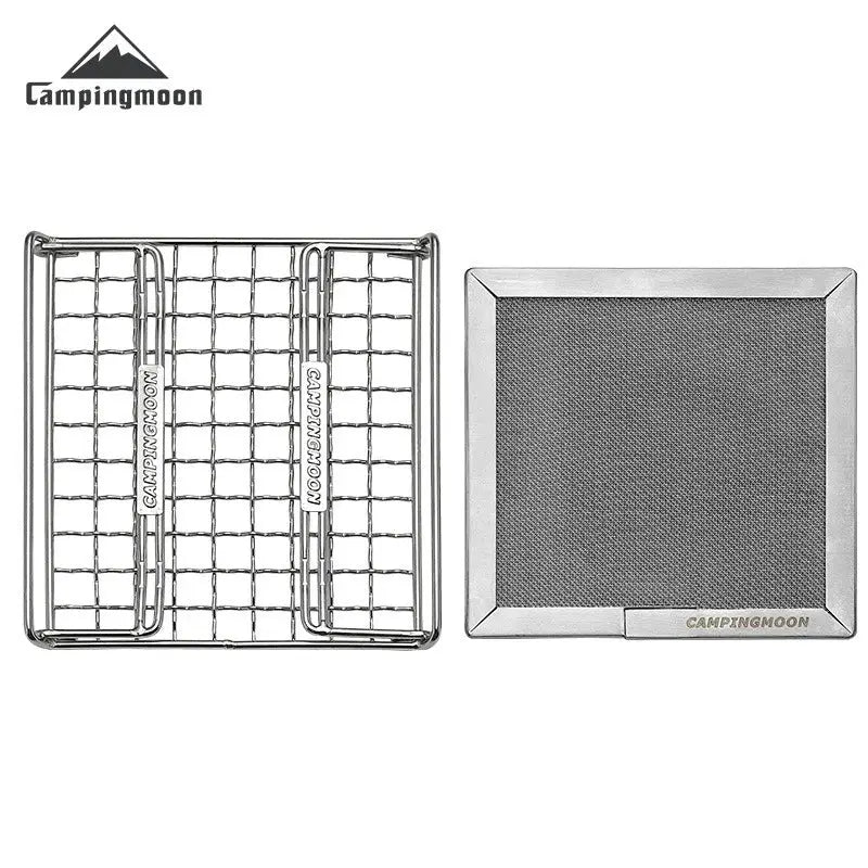 Campingmoon 304 stainless steel folding grill rack and rectangular mesh frame set, two-piece for outdoor cooking