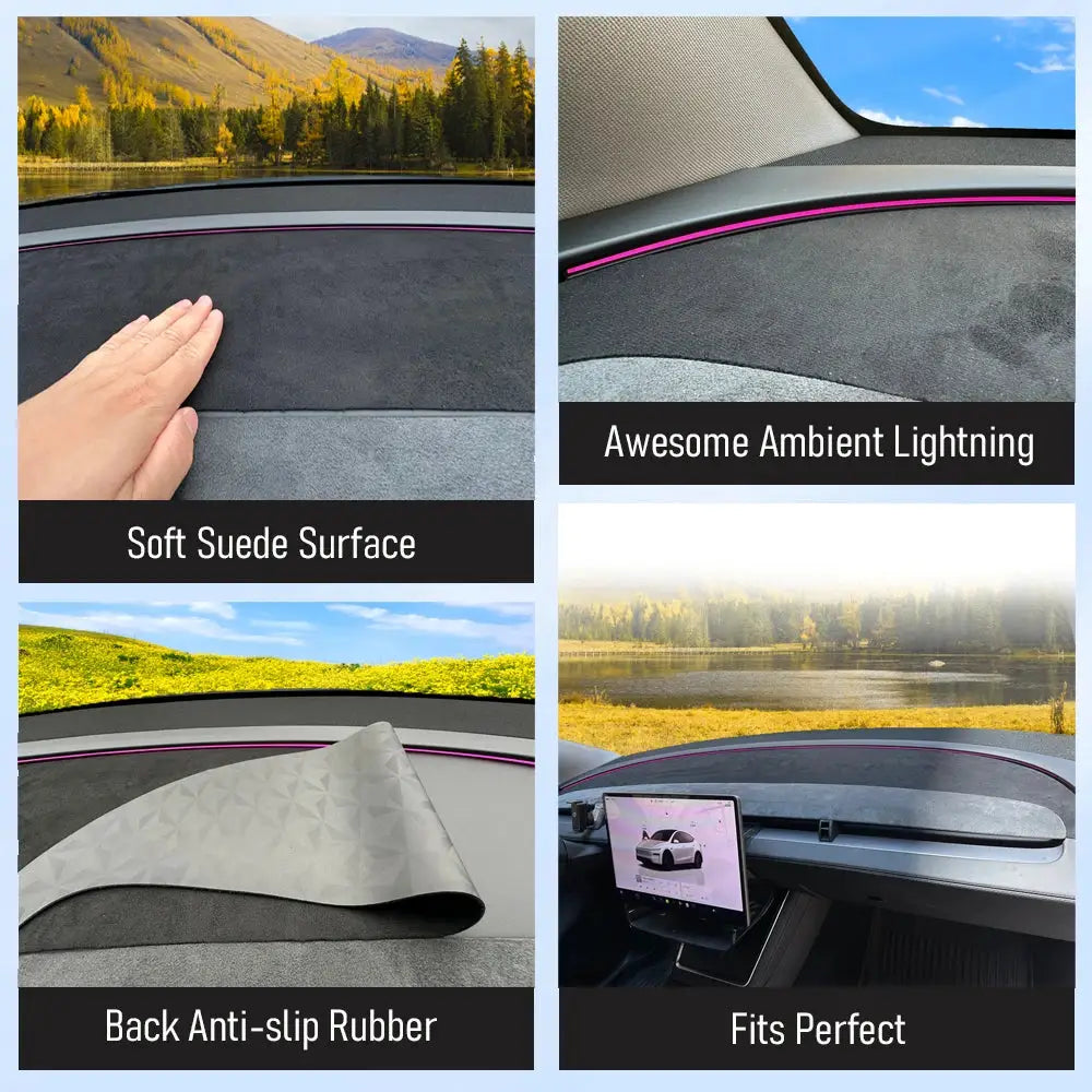 Tesla Model Y dashboard cover pad by Simples Market; soft suede surface with anti-slip rubber back, fits perfect
