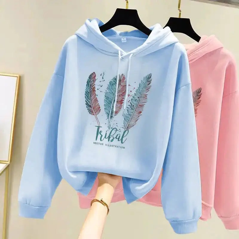 CozyNest Feather Print Hoodie With Velvet Lined Comfort For Women In Autumn And Winter Loose Fit