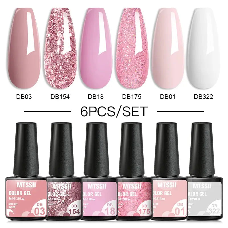 Simples Market 6pc gel nail polish set featuring pink nude and glitter shades for UV/LED soak-off manicure