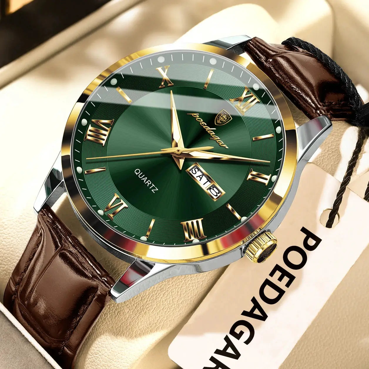 POEDAGAR Original Men Leather Strap Quartz Watch Luminous Waterproof Stainless Steel Case Timepiece