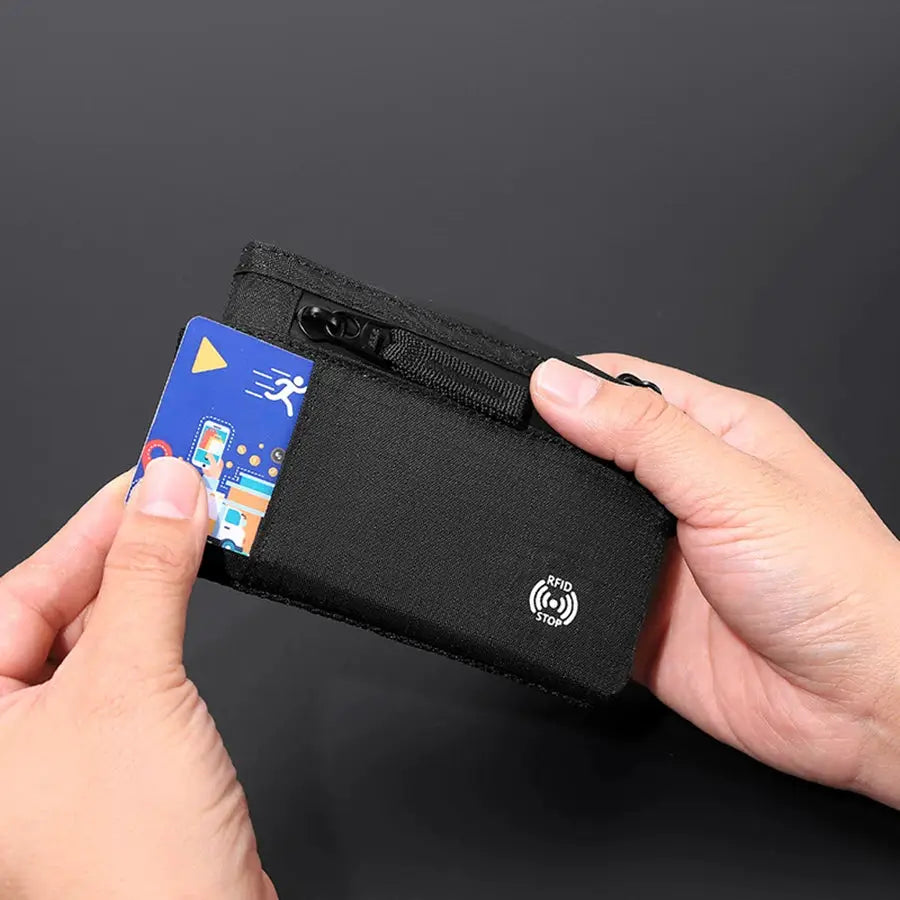 Credit card holder wallet in black nylon, slim men's zippered card case with RFID Stop logo