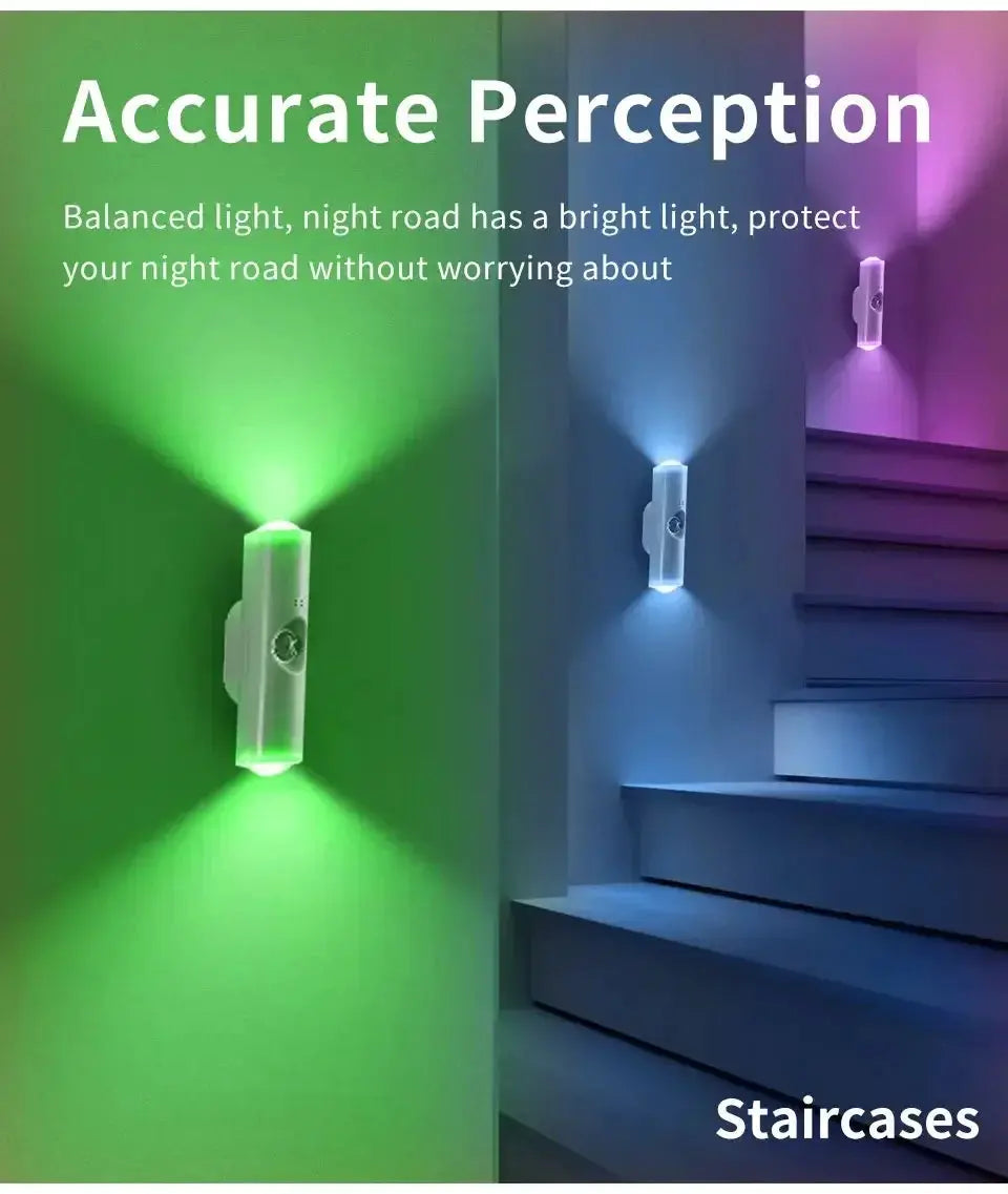 Smart RGB gradient wall light with motion sensor, magnetic rechargeable by Simples Market; three units mounted on a stairwell