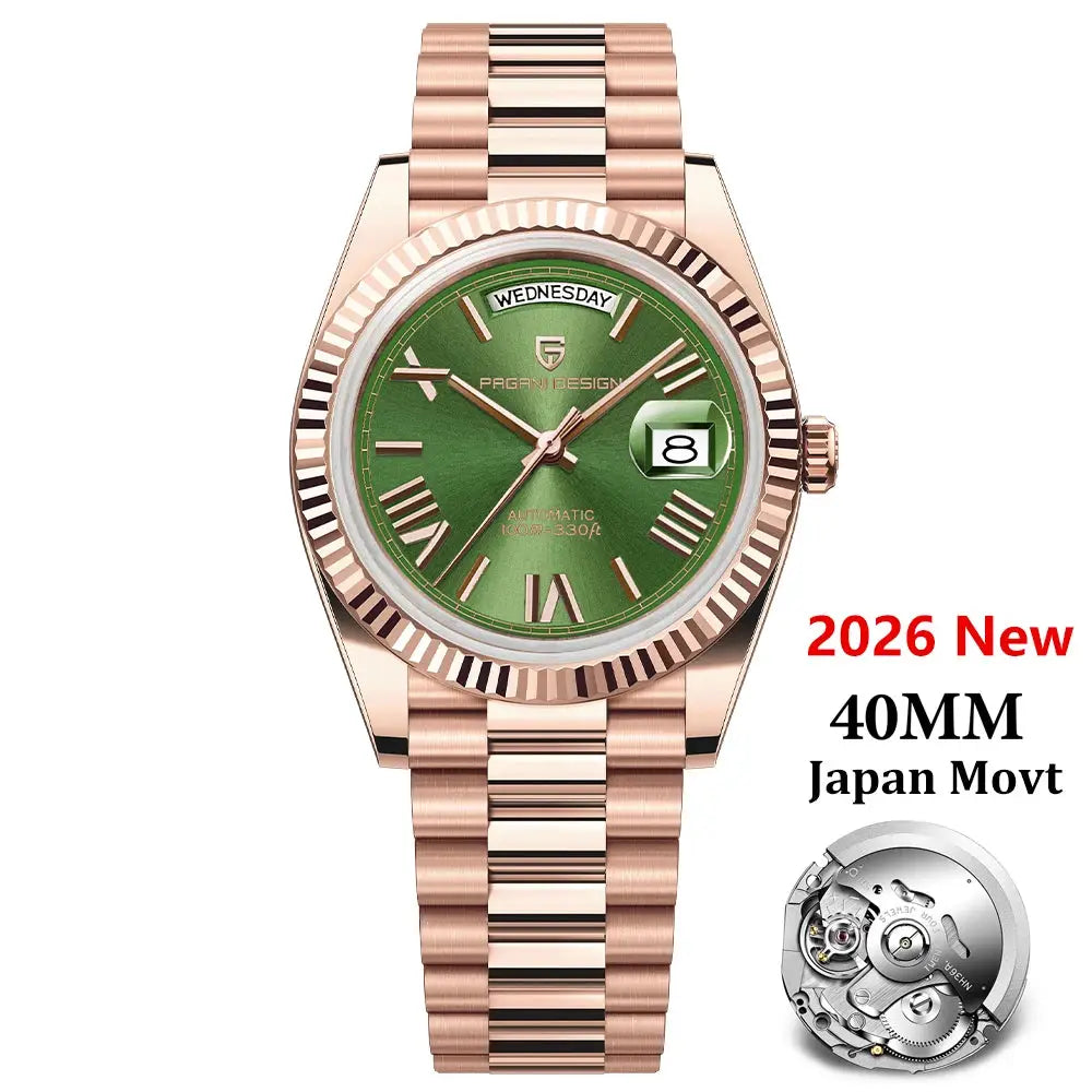 Pagani Design DD40 men's luxury automatic watch, rose-gold tone with green dial, 40mm Japan Movt
