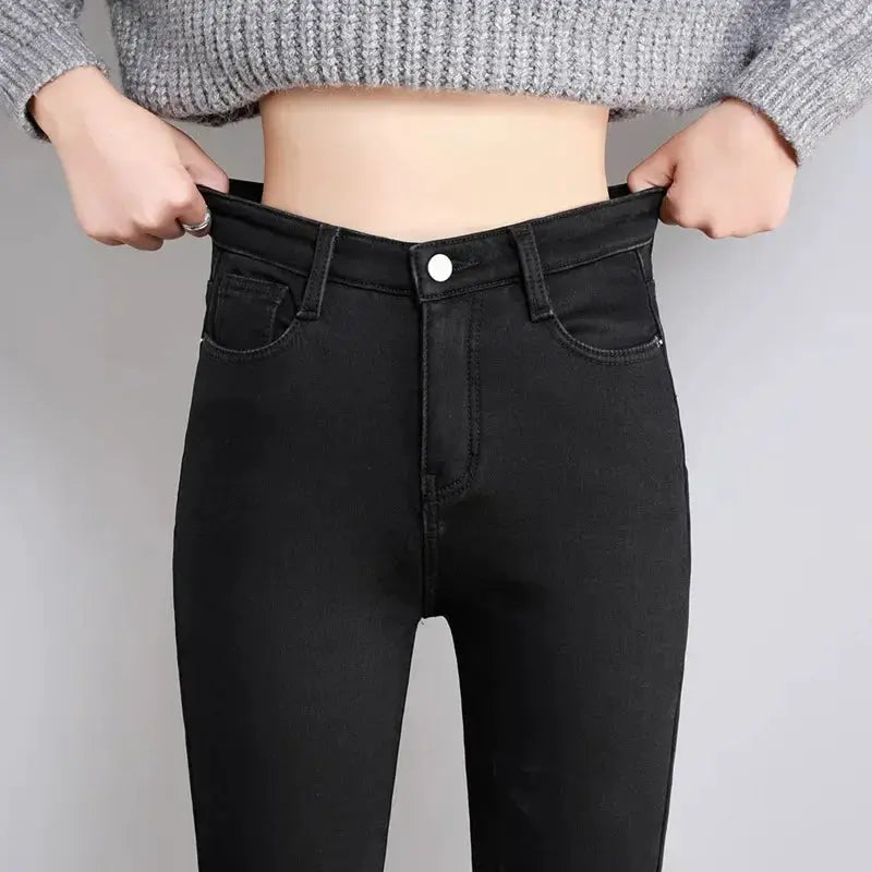 Women Thermal Skinny Jeans With Plush Lining Warm Winter Denim Pants
