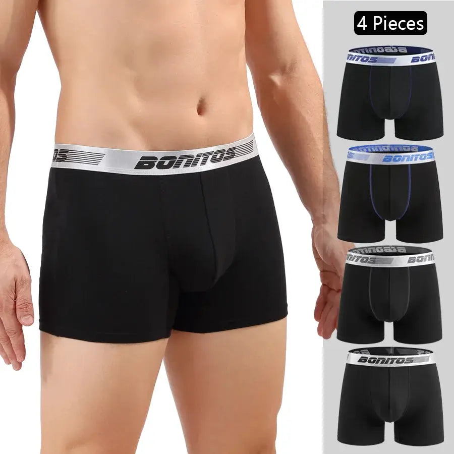 Boxer shorts 4-piece men's underwear set in black cotton with white Bonitos waistband; Simples Market.