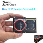 Proxmark3 RFID card reader/writer module with red circular coil antenna on black PCB by RFID Anruhoo