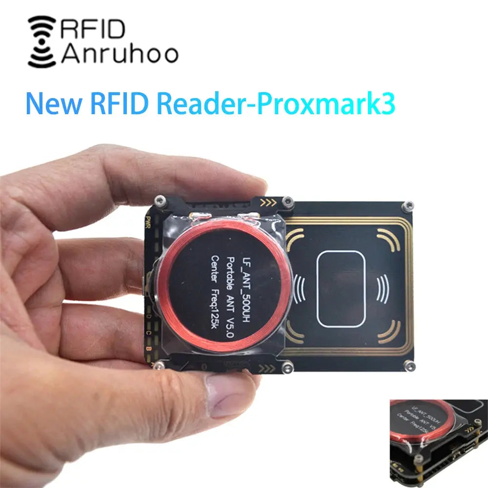 Proxmark3 RFID card reader/writer module with red circular coil antenna on black PCB by RFID Anruhoo