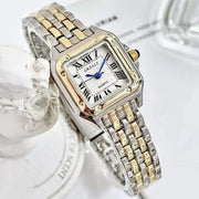 Simples Market luxury rhinestone women's square quartz wristwatch with two-tone gold-silver bracelet and blue hands