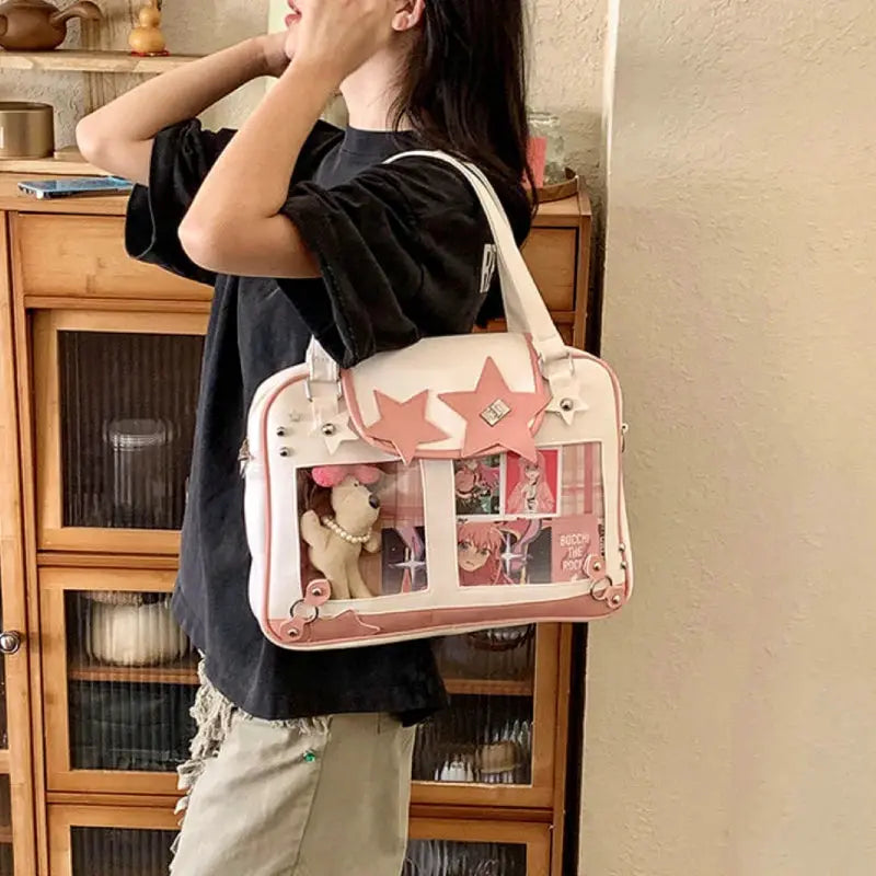 Simples Market Y2K star ita bag, pink and white with transparent front pocket and star patches