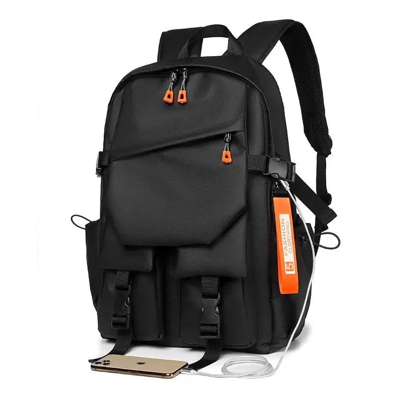 Black luxury men's backpack with multiple pockets and orange zipper pulls, ideal for 15.6-inch laptops.