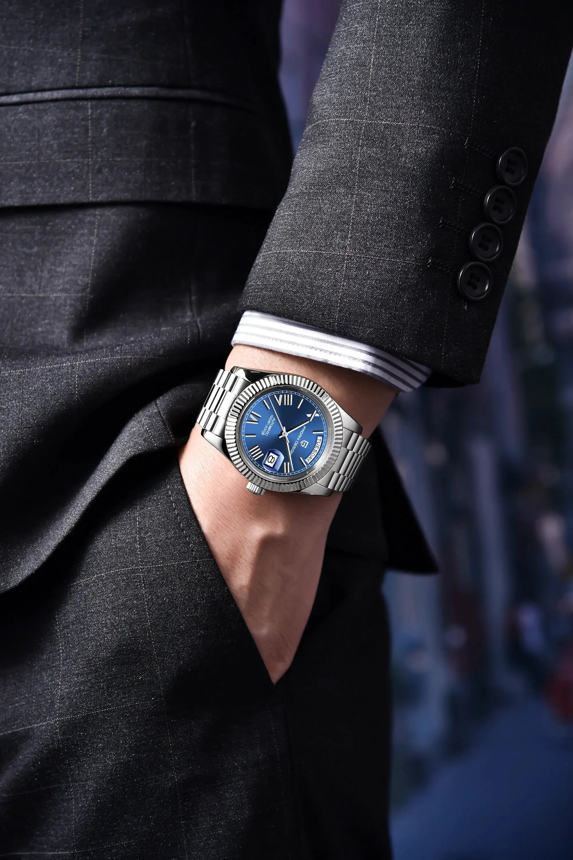 Pagani Design DD40 automatic men's watch with blue dial and stainless steel bracelet