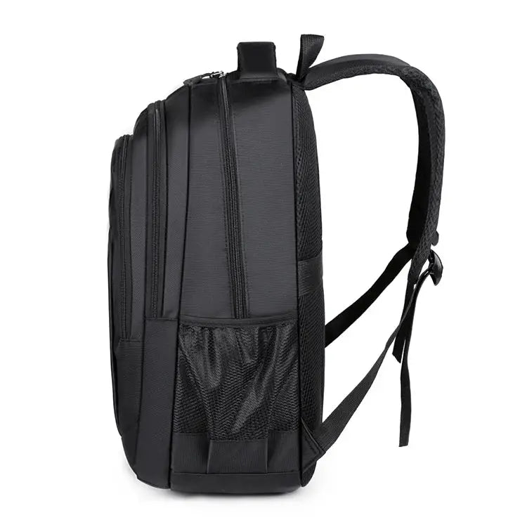 Travel backpack, black with multiple zip compartments, mesh side pocket, and padded shoulder straps