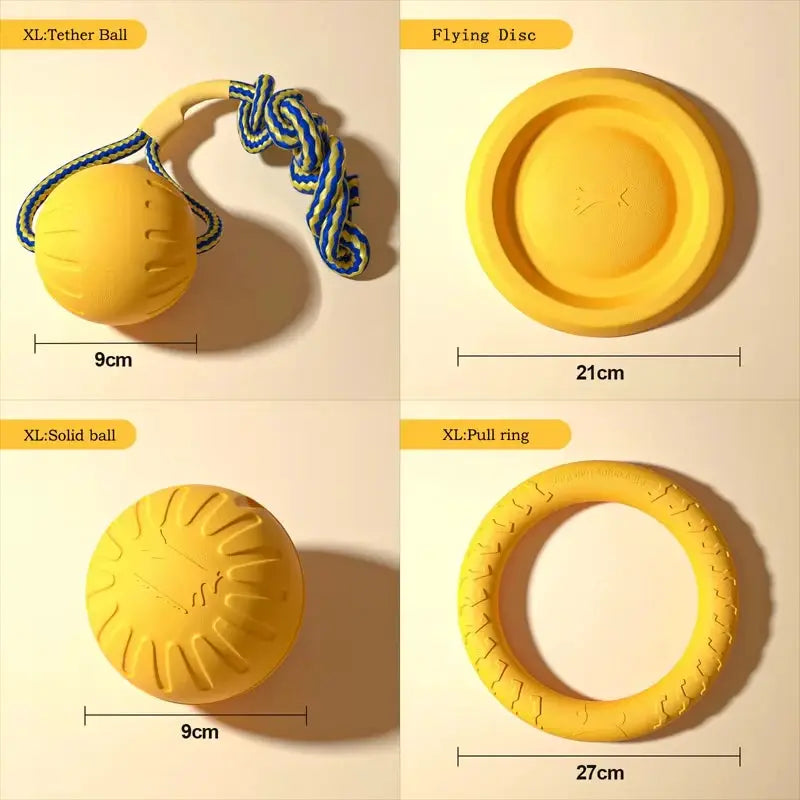 Simples Market EVA Durable Dog Toys 4-Pack: yellow flying disc, solid ball, tether ball, and pull ring