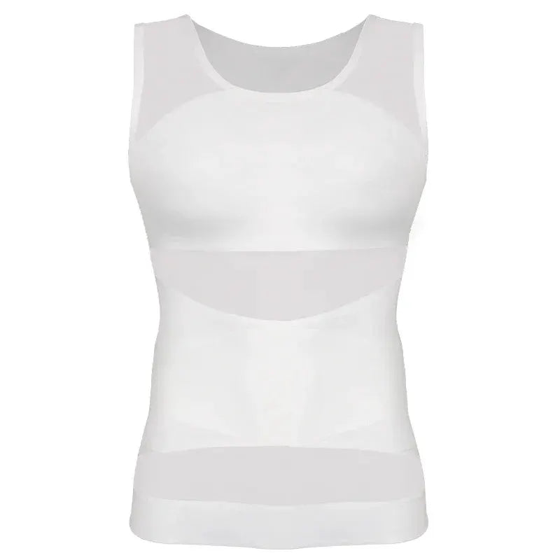 Men's slimming body shaper vest by Simples Market, white with criss-cross mesh panels for tummy control.