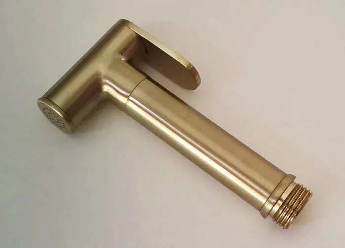 Brass handheld bidet shower head with lever, brushed gold finish and threaded hose connection