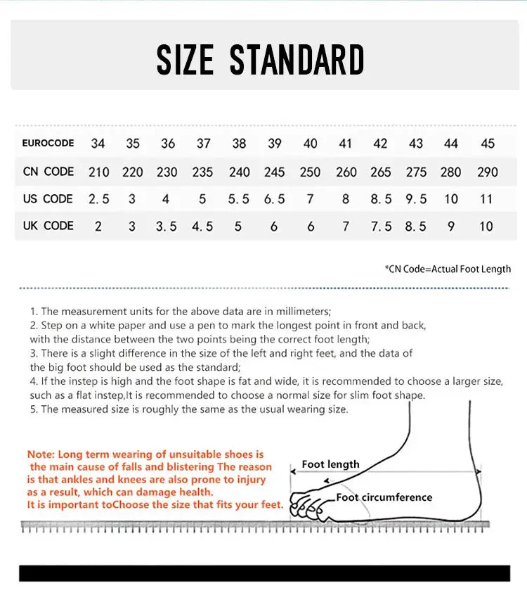 IRUNSVAN carbon fiber sneakers size chart with foot length and circumference diagram