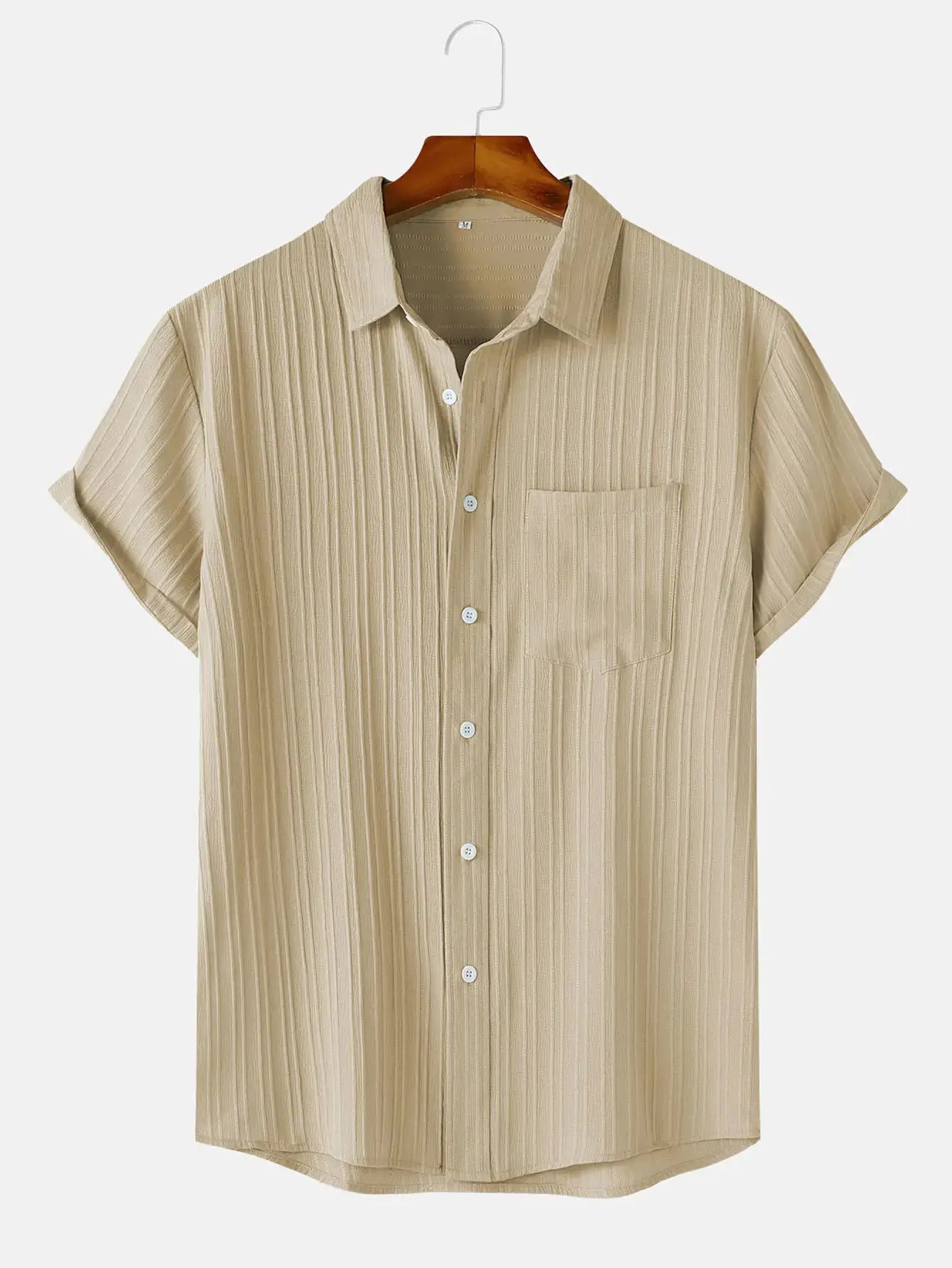 Men's beige striped short-sleeve shirt on hanger with chest pocket and button-front