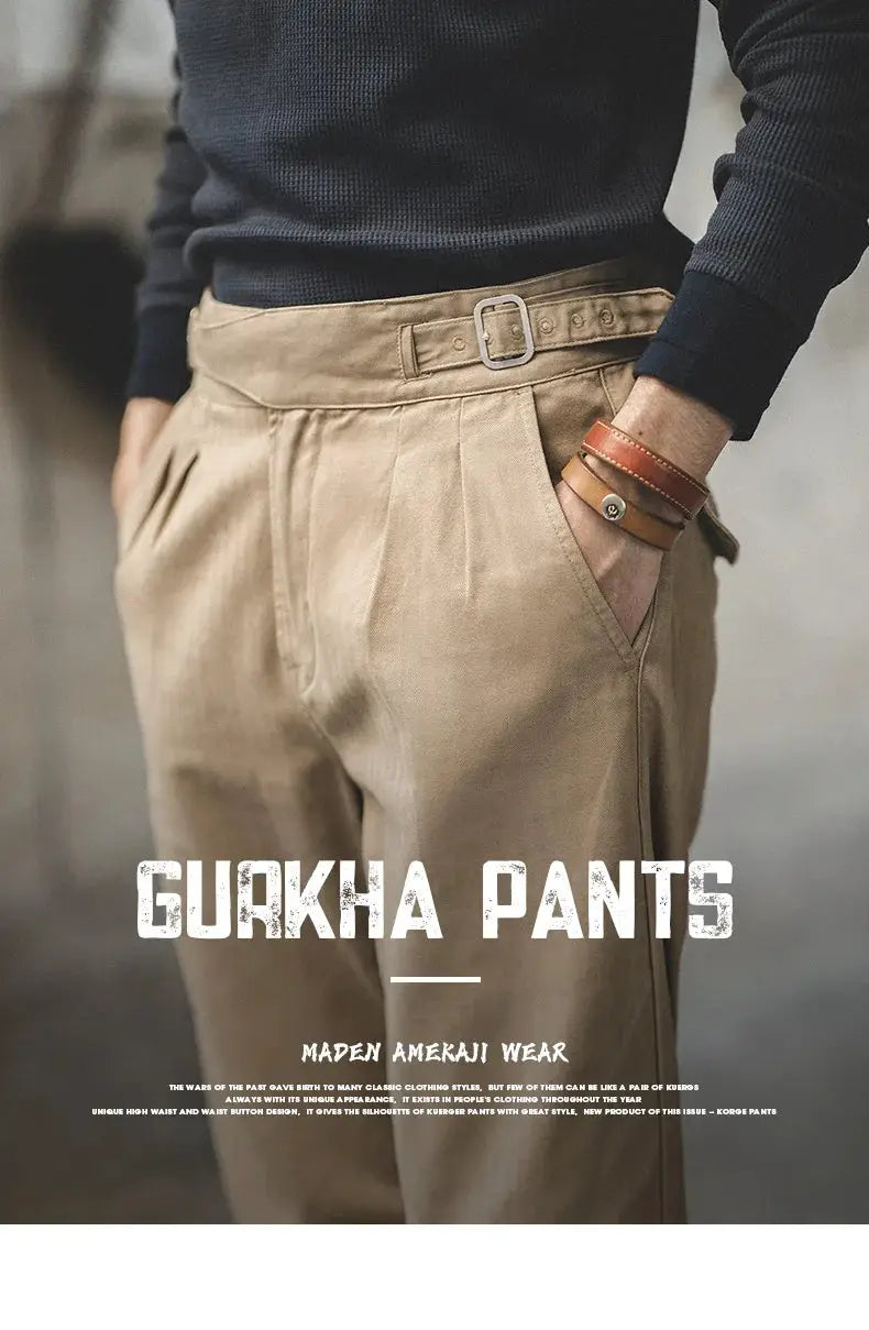 Gurkha pants in beige khaki with adjustable high-waist belt, men's casual cargo straight trousers for everyday wear