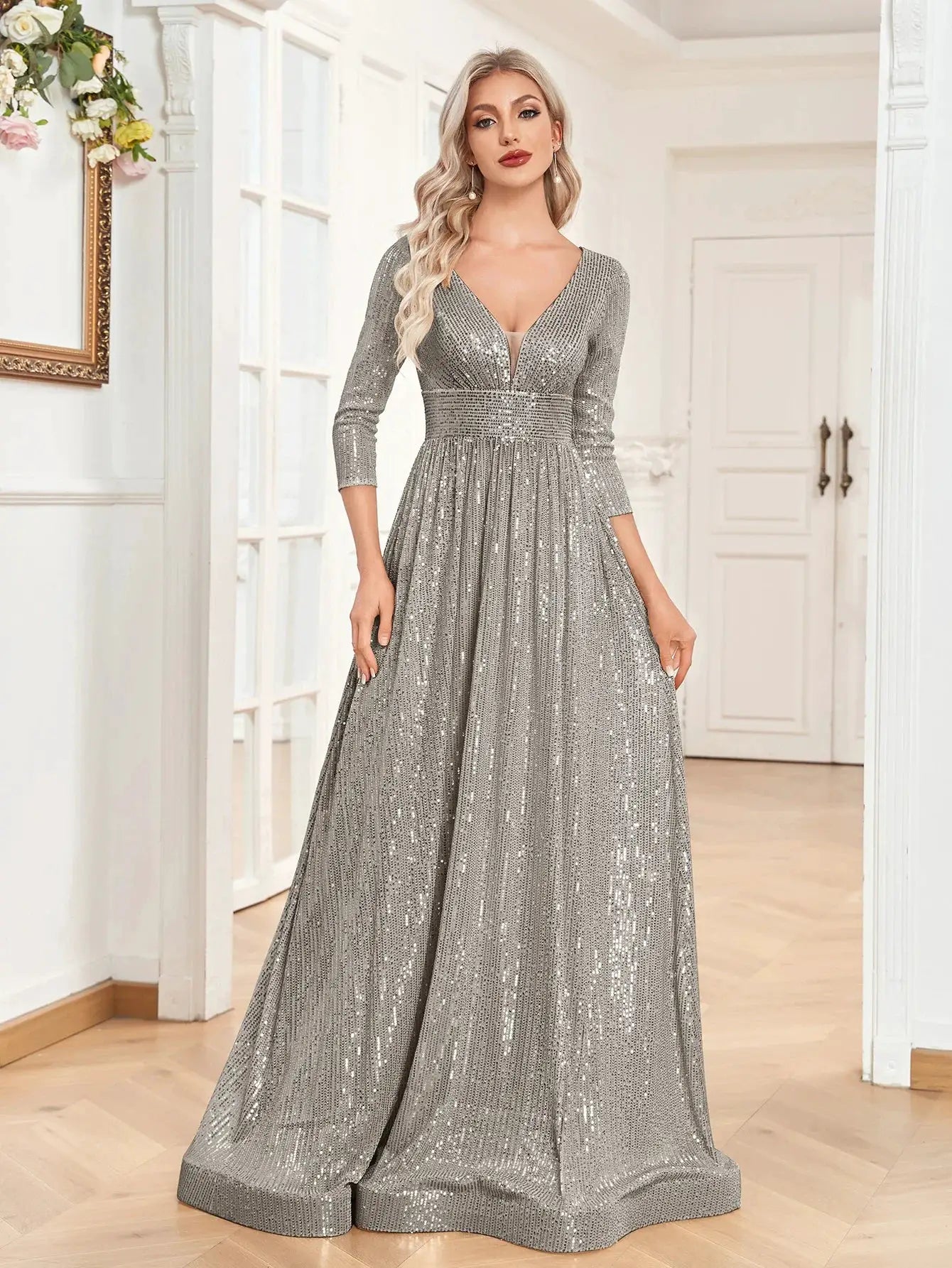 Luxury V Neck Long Sleeve Blue Sequins Formal Evening Dress Women Maxi