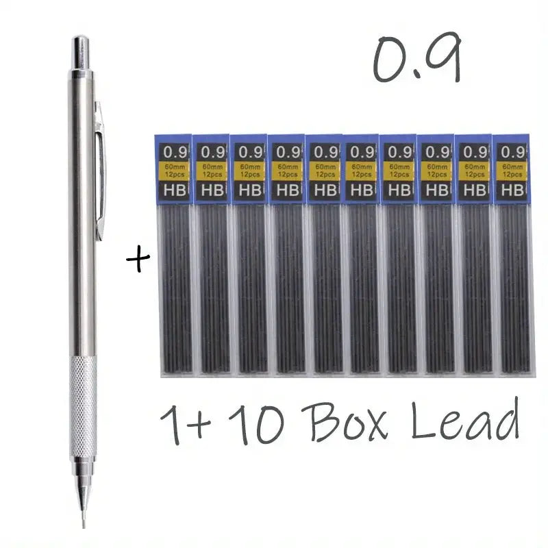 All-metal mechanical pencil with retractable design and 10 HB lead refill boxes
