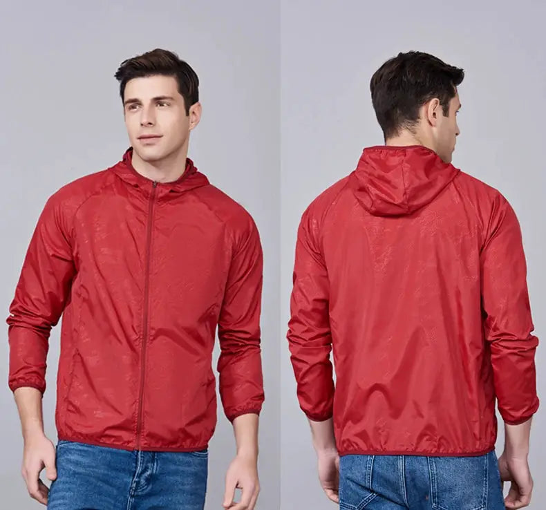 LNGXO red hooded waterproof windbreaker jacket, unisex outdoor rain coat by Simples Market