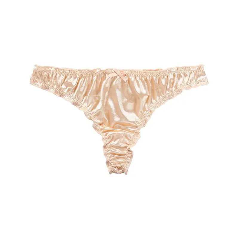 Peach satin ice-silk thong with frill trim, seamless no-show underwear by Simples Market