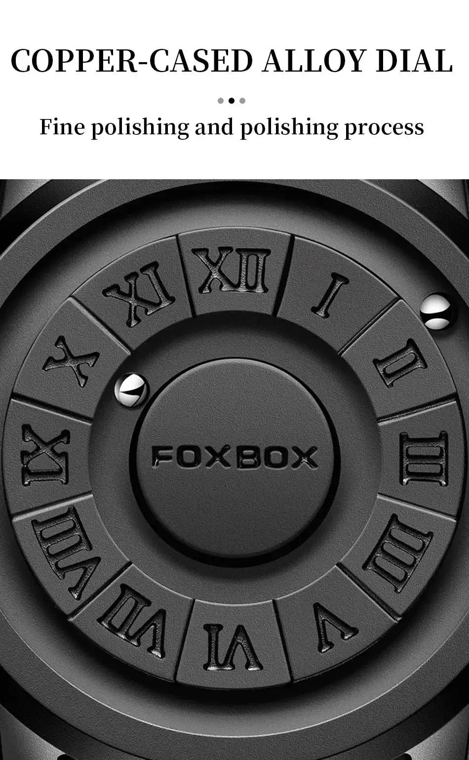 FOXBOX watch with copper-cased alloy dial and Roman numeral markers