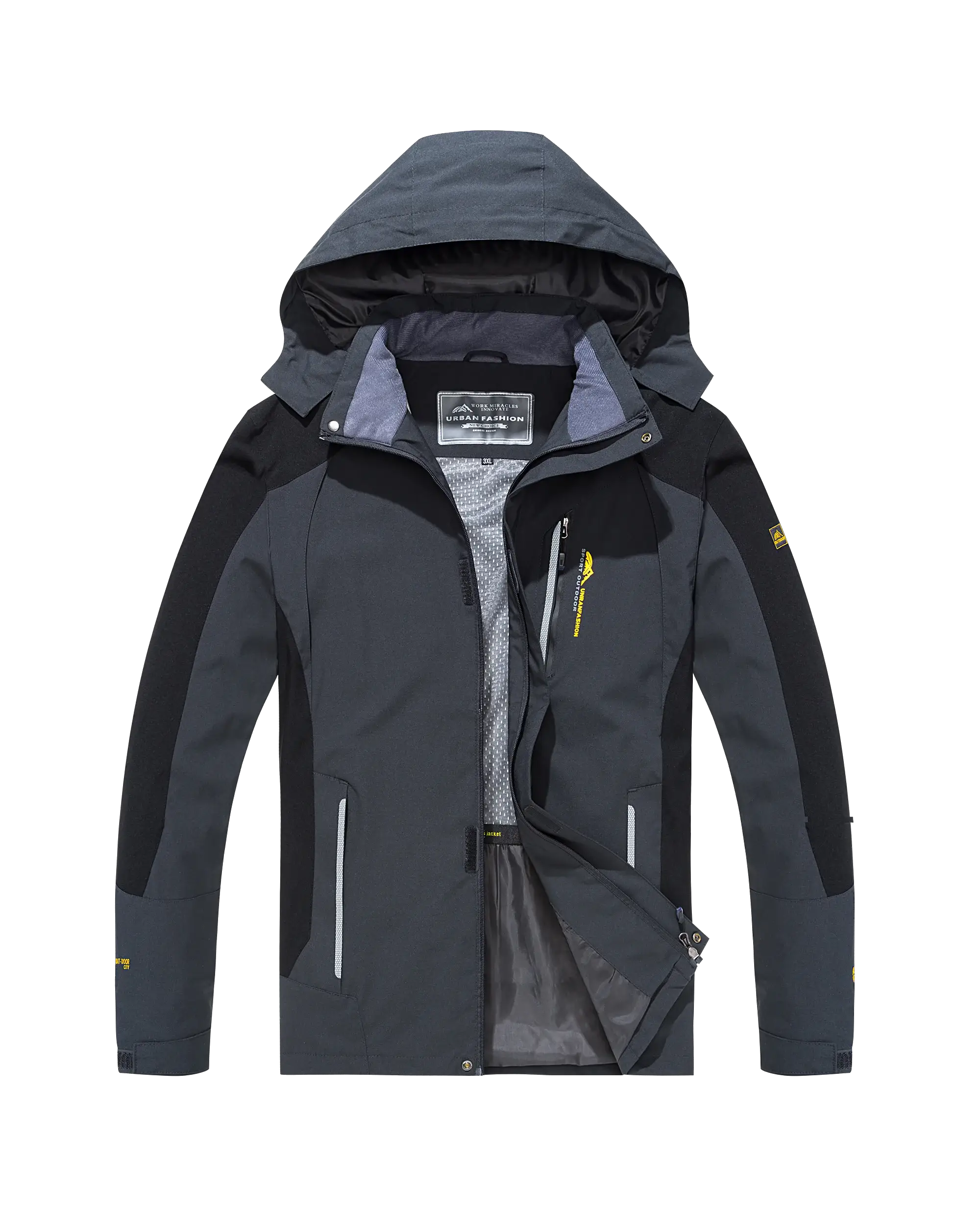 Men's waterproof hiking jacket, large size, hooded windproof outdoor coat in dark gray and black.