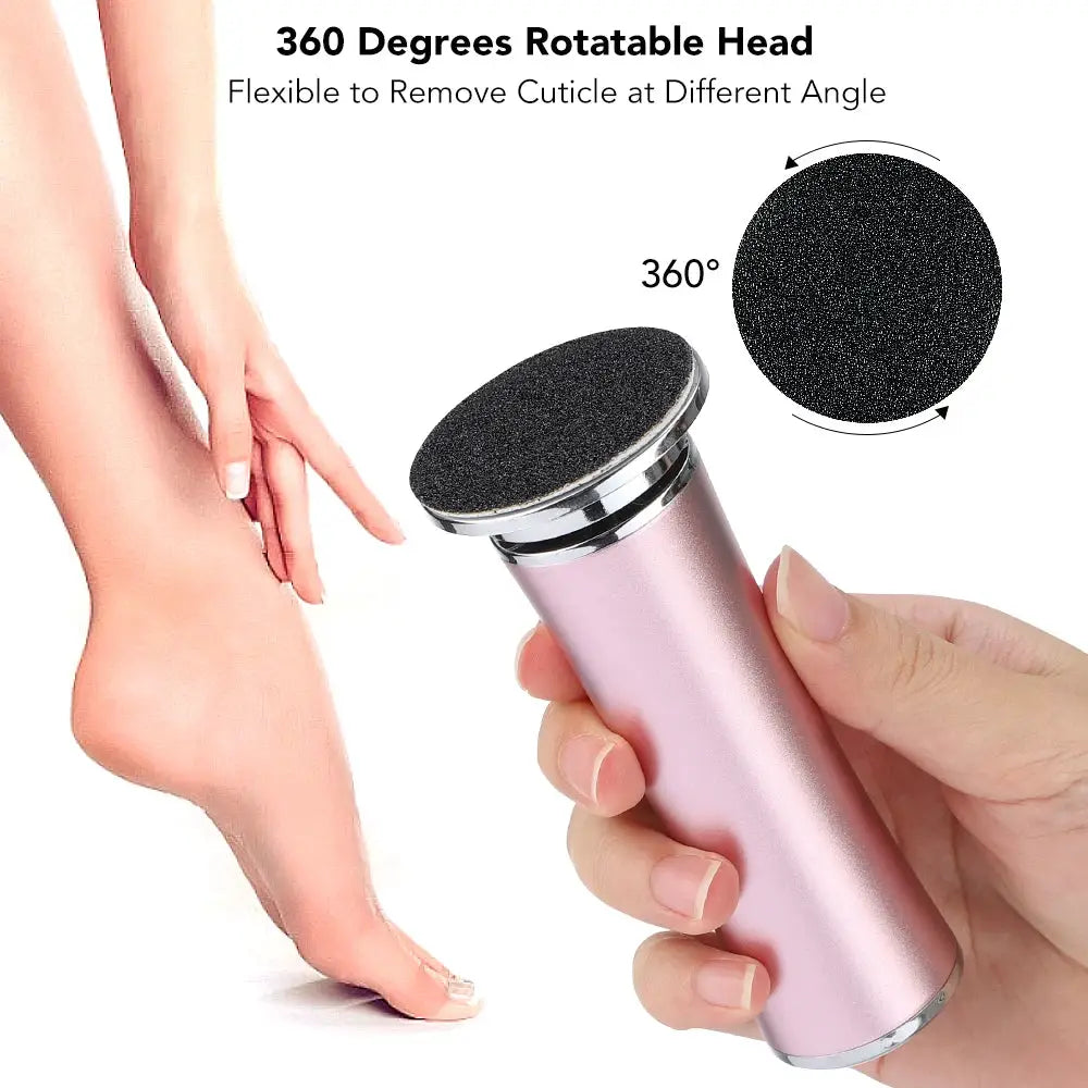 Electric foot callus remover in pink with a 360° rotatable abrasive head and sandpaper disc