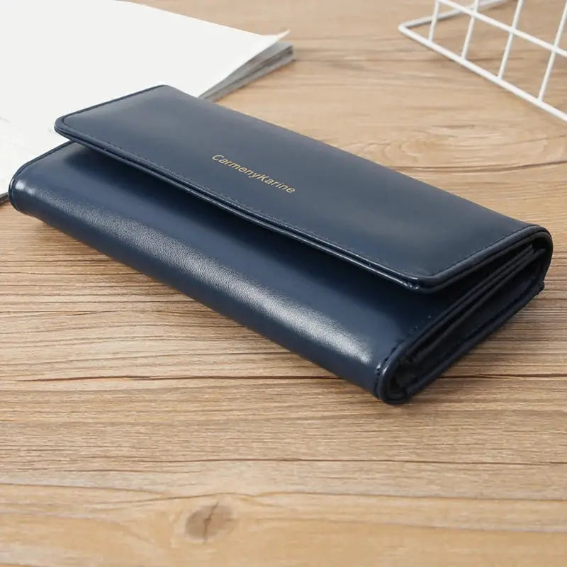 Navy PU leather long wallet, multi-functional fold purse with card slots, CarmenYKarine logo