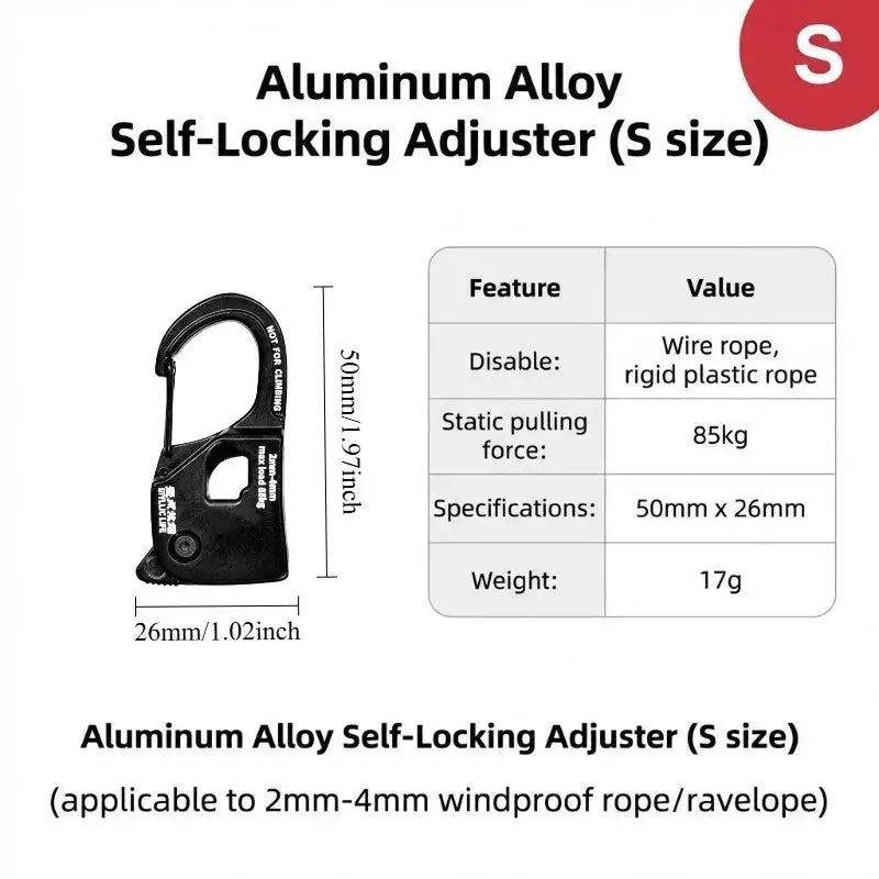 Simples Market aluminum alloy self-locking rope tensioner, S size, black, fits 2-10 mm rope for tarps.