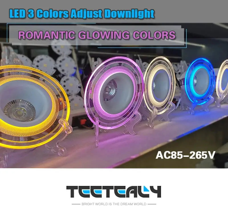 LED downlight with three color options (yellow, pink, blue), 9W, AC220–230V, recessed ceiling spotlight
