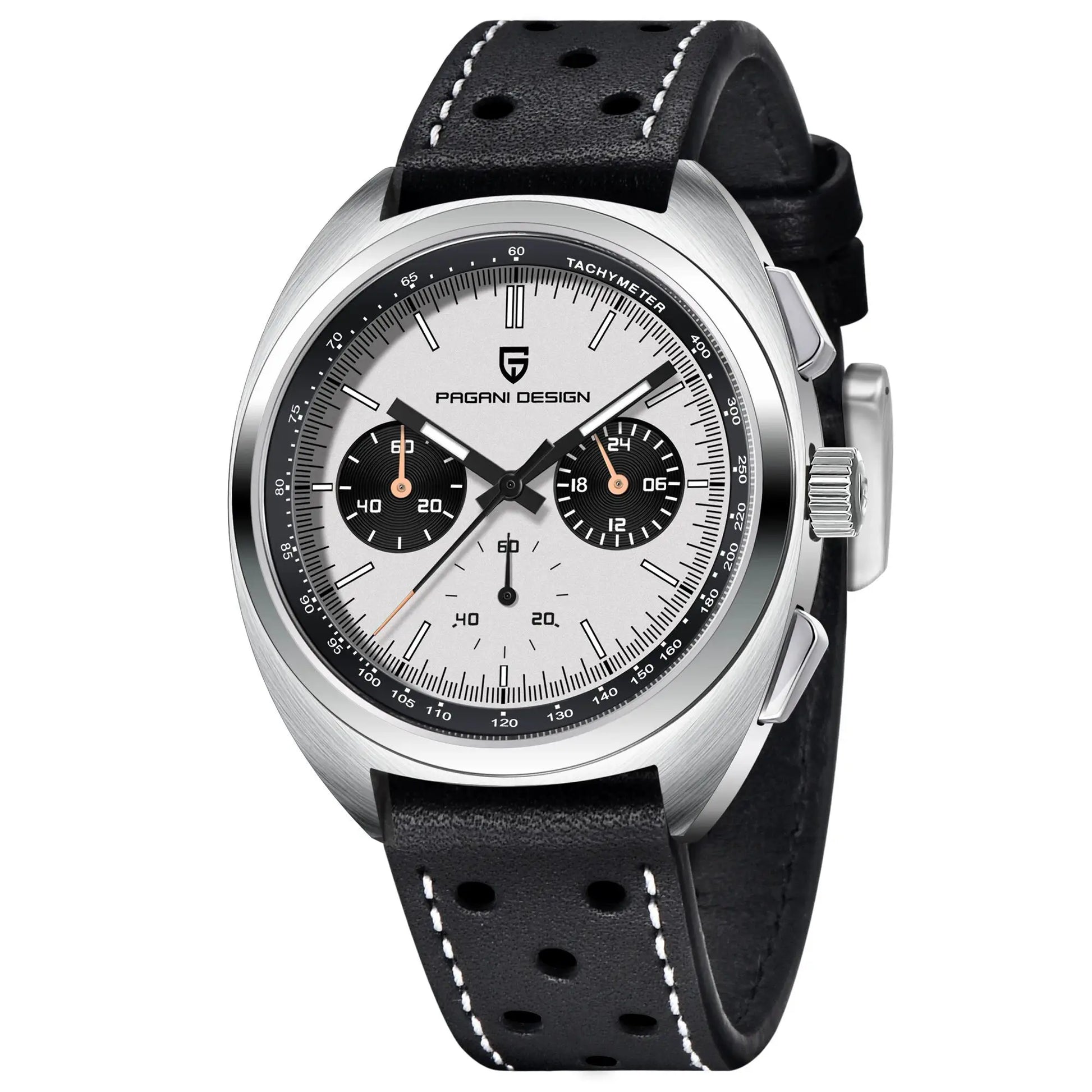 PAGANI DESIGN men's panda-dial chronograph watch with black perforated leather strap