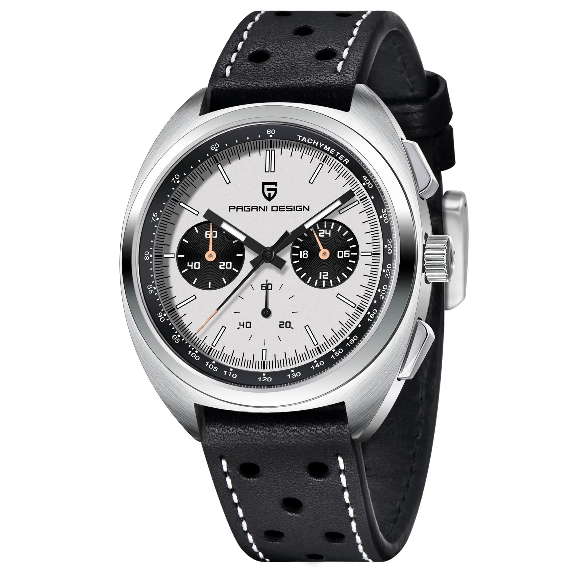 PAGANI DESIGN men's panda-dial chronograph watch with black perforated leather strap