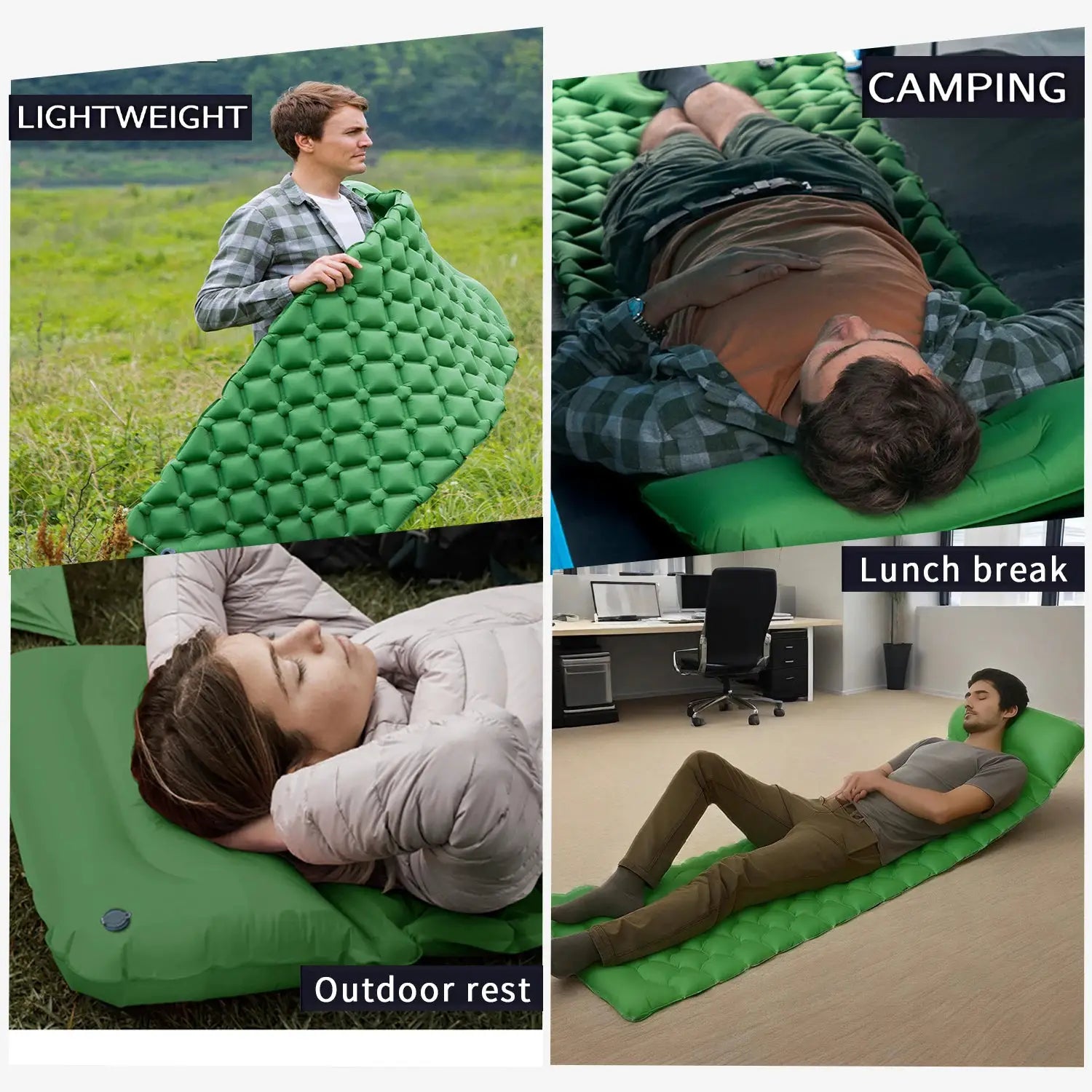 Simples Market green inflatable sleeping pad; ultralight camping mat for hiking, tent travel and backpacking.