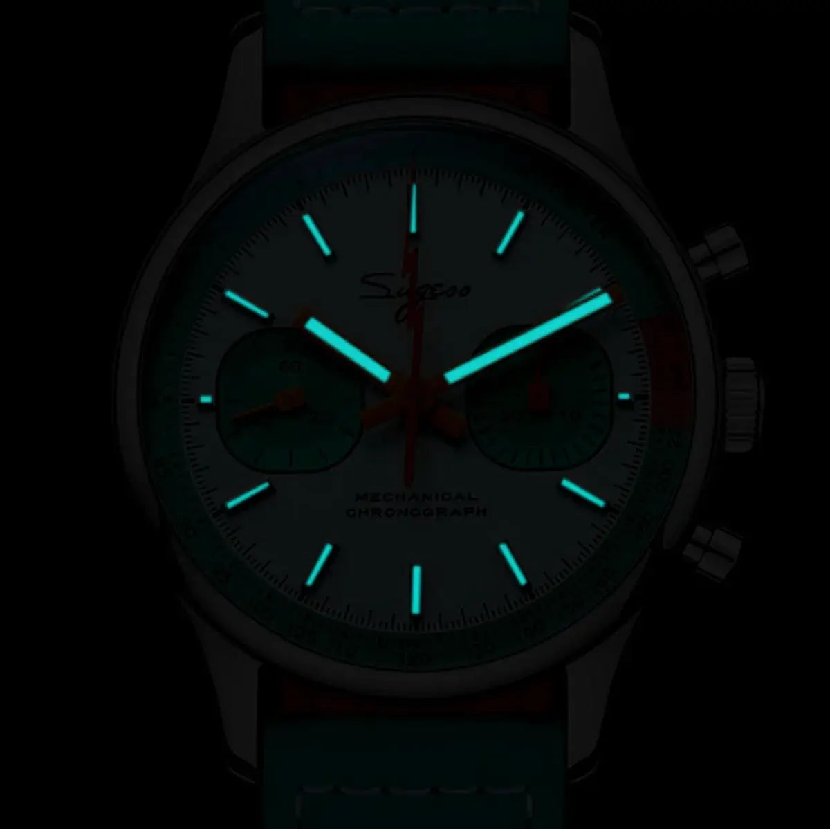 Sugess men's chronograph watch with teal luminous hands, sapphire crystal, mechanical ST19 movement