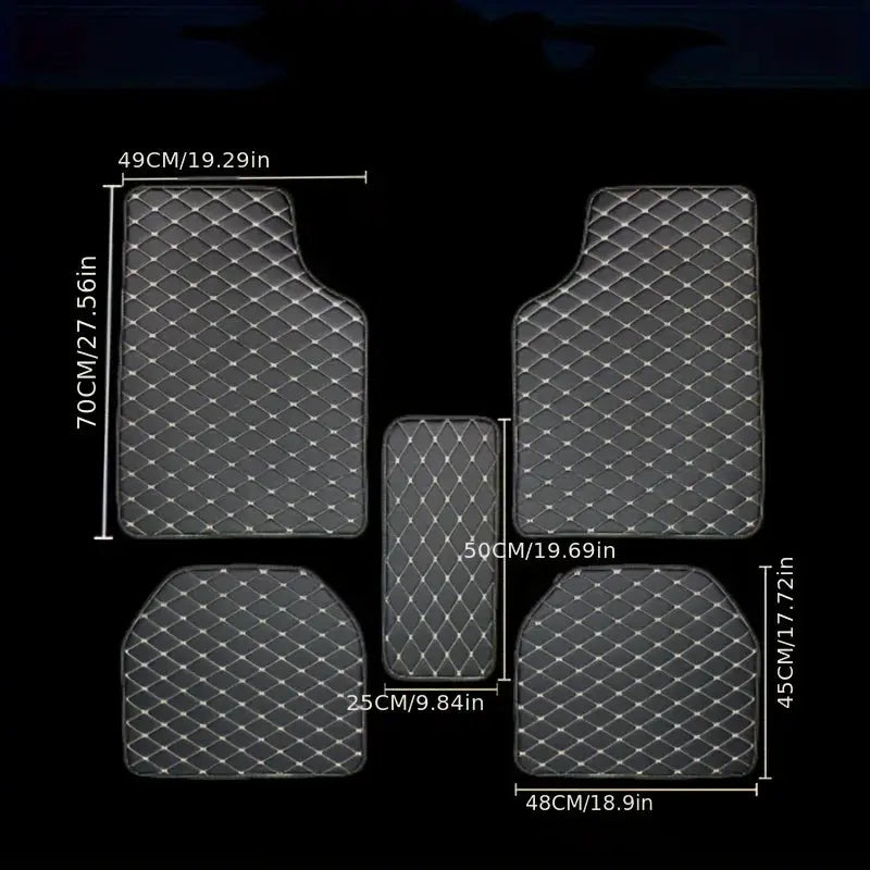 5-piece black PU leather car floor mat set with diamond stitching; waterproof