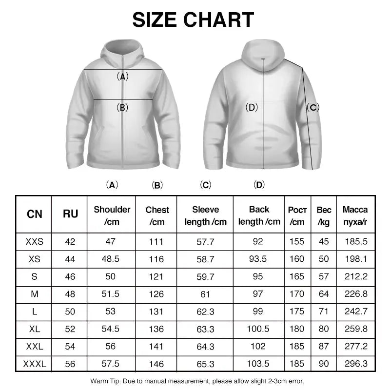 Semir men's white down jacket by Simples Market; waterproof long-length outerwear; front and back views; size chart.