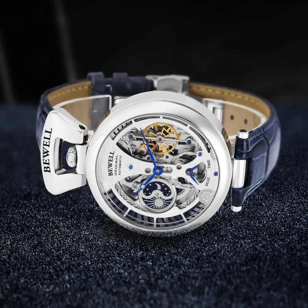 High-End Bewell waterproof automatic skeleton watch with blue leather strap and transparent back