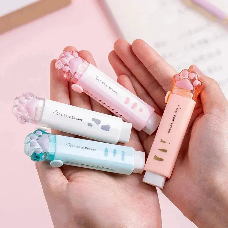Cat paw eraser set with retractable push-pull caps in pastel pink, white, blue, and peach (4-pack)